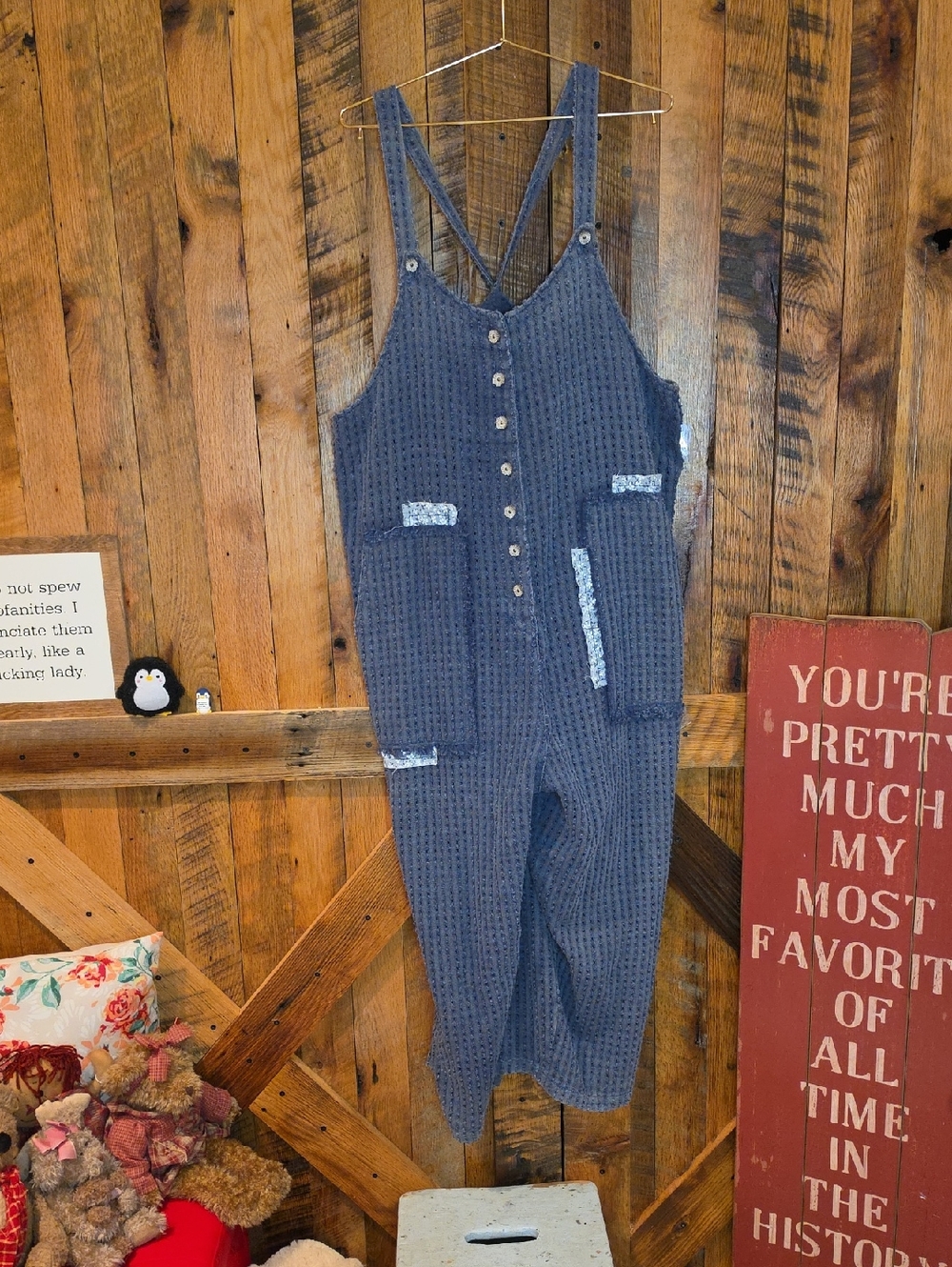 060p POL Navy Waffle-Knit Button-Front Jumpsuit